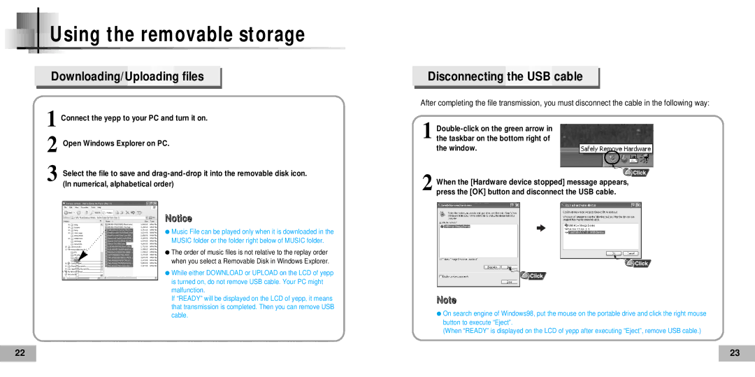 Samsung YP-60V, YP60V1/ELS manual Using the removable storage, Downloading/Uploading files, Disconnecting the USB cable 