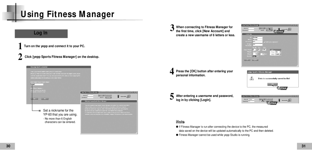 Samsung YP60V1/ELS, YP-60V, YP60V2/ELS manual Using Fitness Manager, Log 