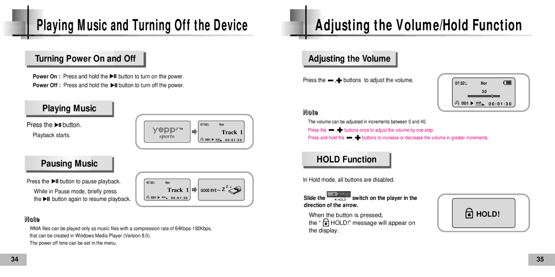 Samsung YP-60V, YP60V1/ELS Turning Power On and Off, Playing Music, Adjusting the Volume, Pausing Music, Hold Function 