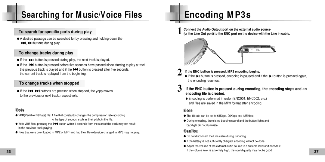 Samsung YP60V1/ELS, YP-60V, YP60V2/ELS manual Searching for Music/Voice Files, Encoding MP3s 