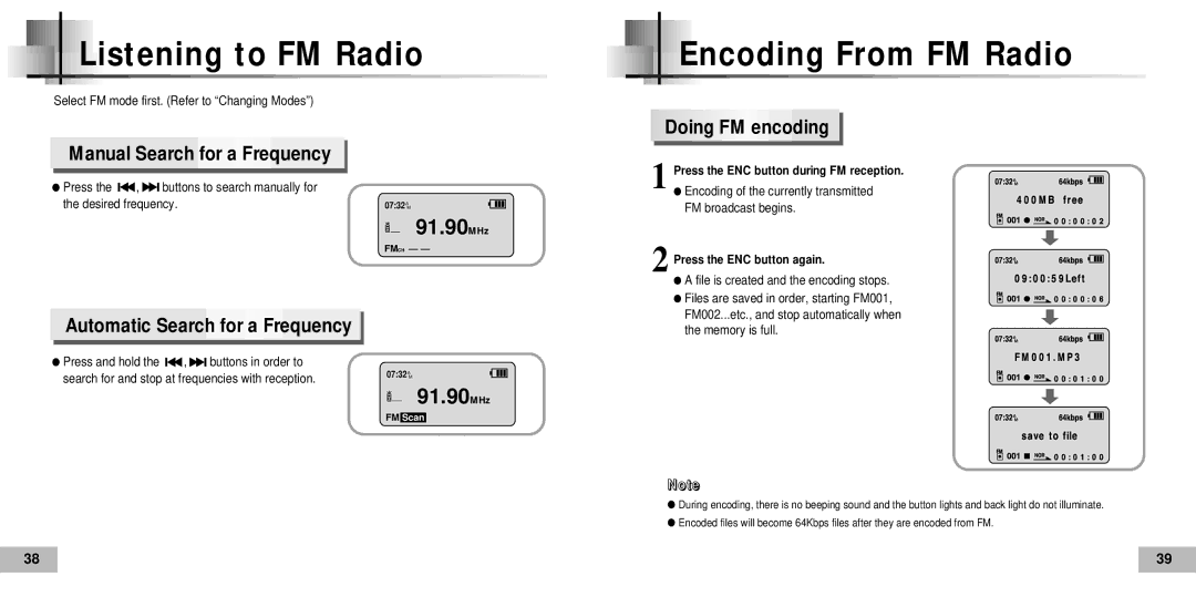 Samsung YP60V2/ELS, YP-60V Listening to FM Radio Encoding From FM Radio, Manual Search for a Frequency, Doing FM encoding 