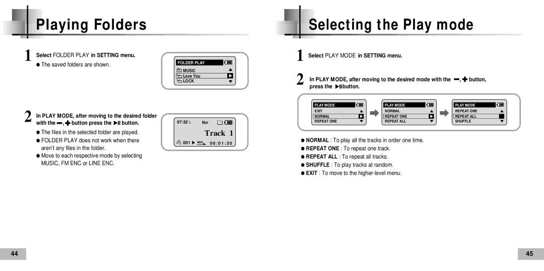 Samsung YP60V2/ELS, YP-60V, YP60V1/ELS manual Playing Folders, Selecting the Play mode 