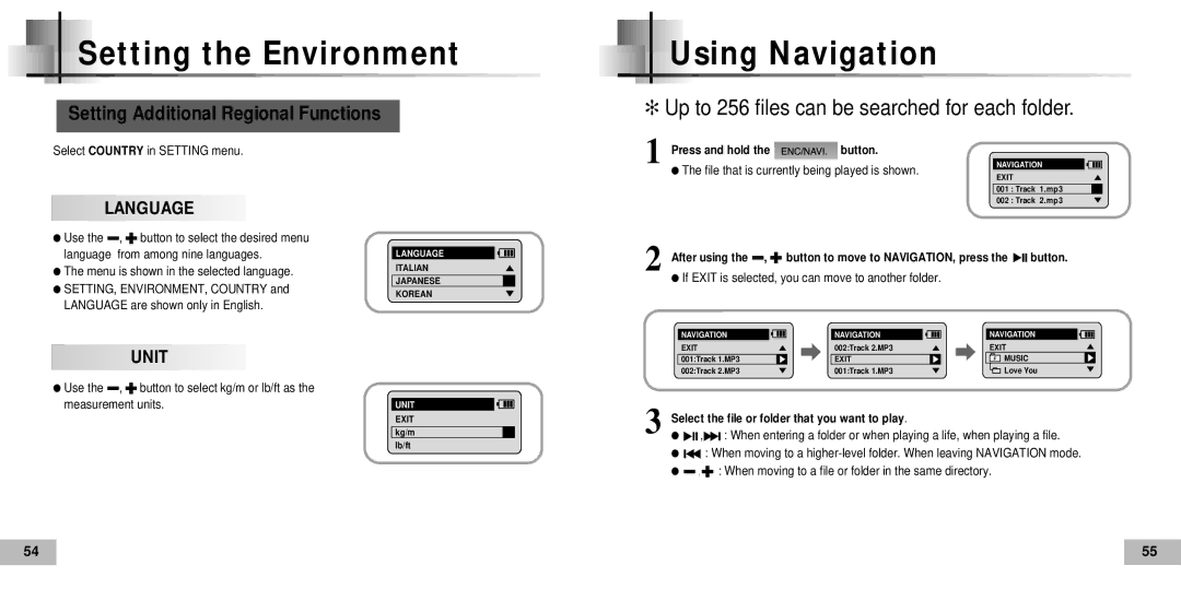 Samsung YP60V1/ELS, YP-60V Setting the Environment Using Navigation, Setting Additional Regional Functions, Language, Unit 