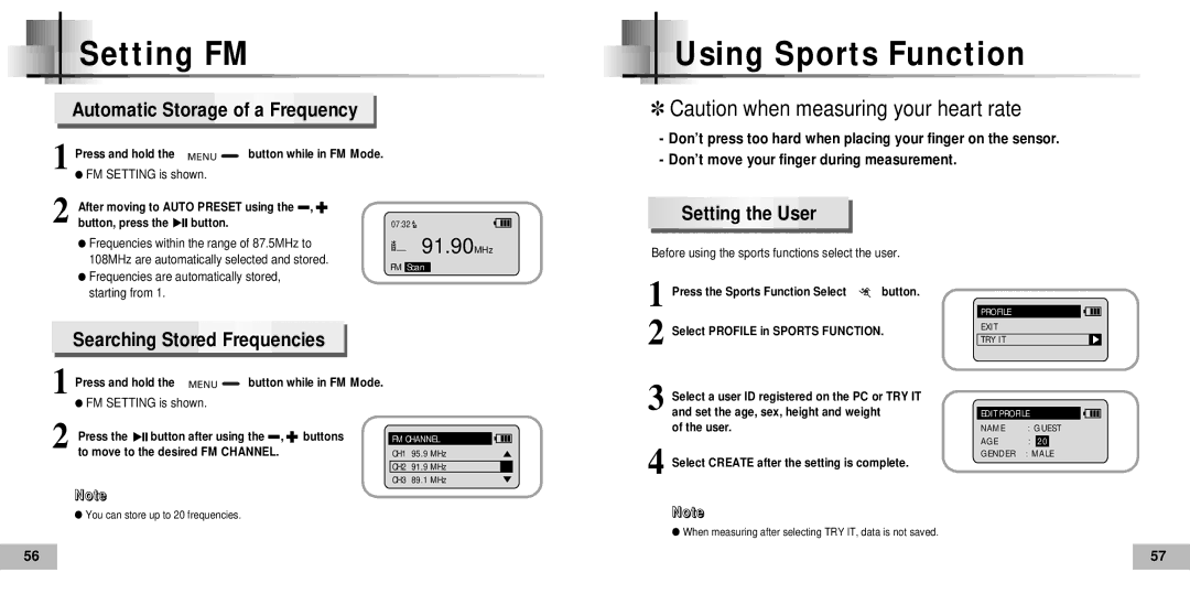 Samsung YP60V2/ELS, YP-60V, YP60V1/ELS Setting FM Using Sports Function, Automatic Storage of a Frequency, Setting the User 