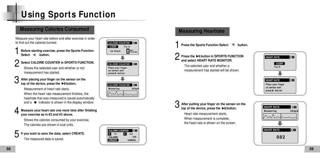 Samsung YP-60V, YP60V1/ELS, YP60V2/ELS manual Measuring Calories Consumed, Measuring Heartrate 