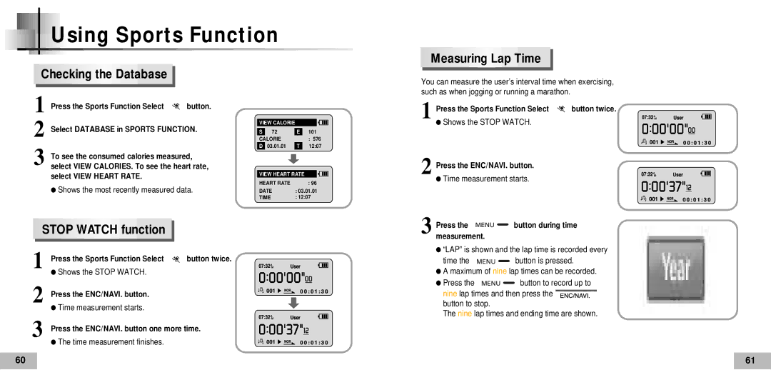 Samsung YP60V1/ELS, YP-60V, YP60V2/ELS manual Measuring Lap Time Checking the Database, Stop Watch function 