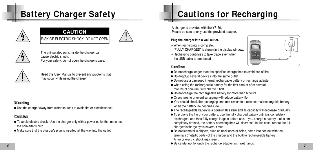 Samsung YP60V1/ELS, YP-60V, YP60V2/ELS manual Battery Charger Safety 