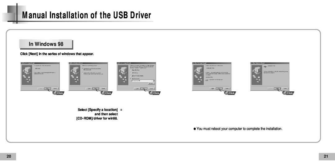 Samsung YP60V2/ELS Manual Installation of the USB Driver, In Windows, Click Next in the series of windows that appear 