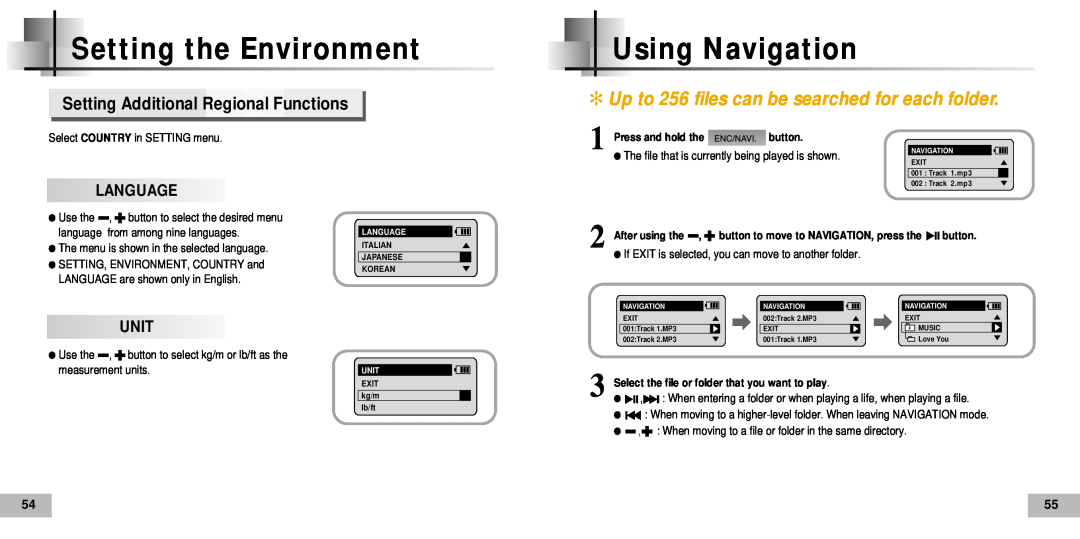 Samsung YP60V1/ELS manual Using Navigation, Setting Additional Regional Functions, Language, Unit, Setting the Environment 