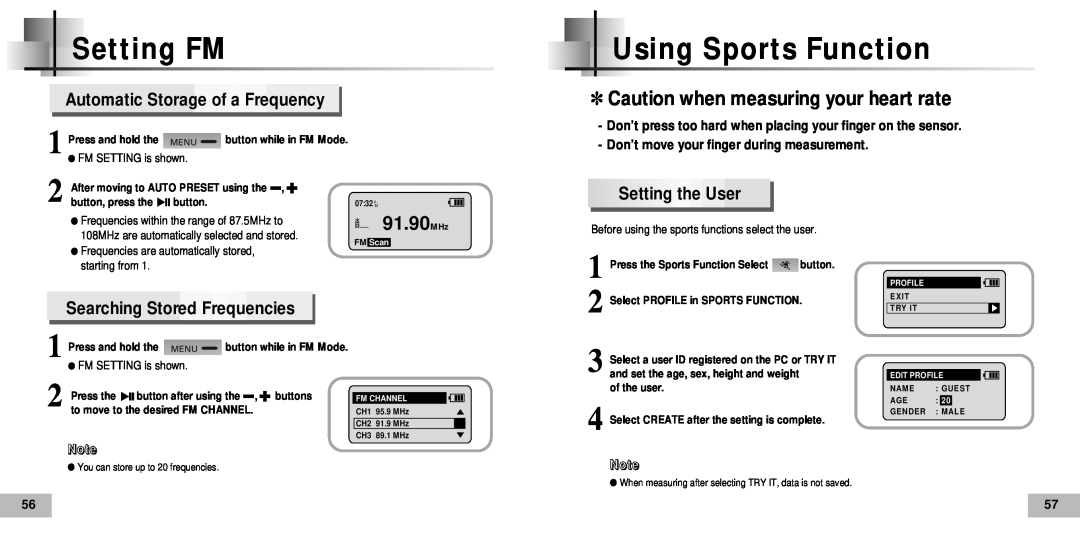 Samsung YP60V2/ELS Setting FM, Using Sports Function, Automatic Storage of a Frequency, Setting the User, 91.90MHz, button 