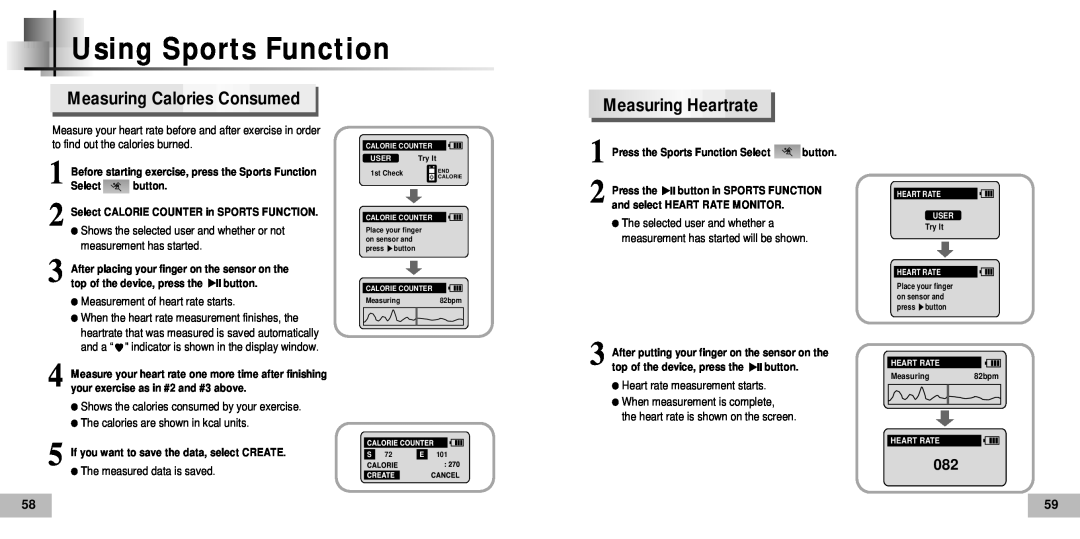 Samsung YP-60V Measuring Calories Consumed, Measuring Heartrate, Using Sports Function, top of the device, press the, User 