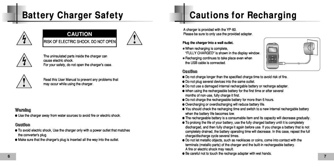 Samsung YP60V1/ELS, YP-60V, YP60V2/ELS manual Battery Charger Safety, Cautions for Recharging 