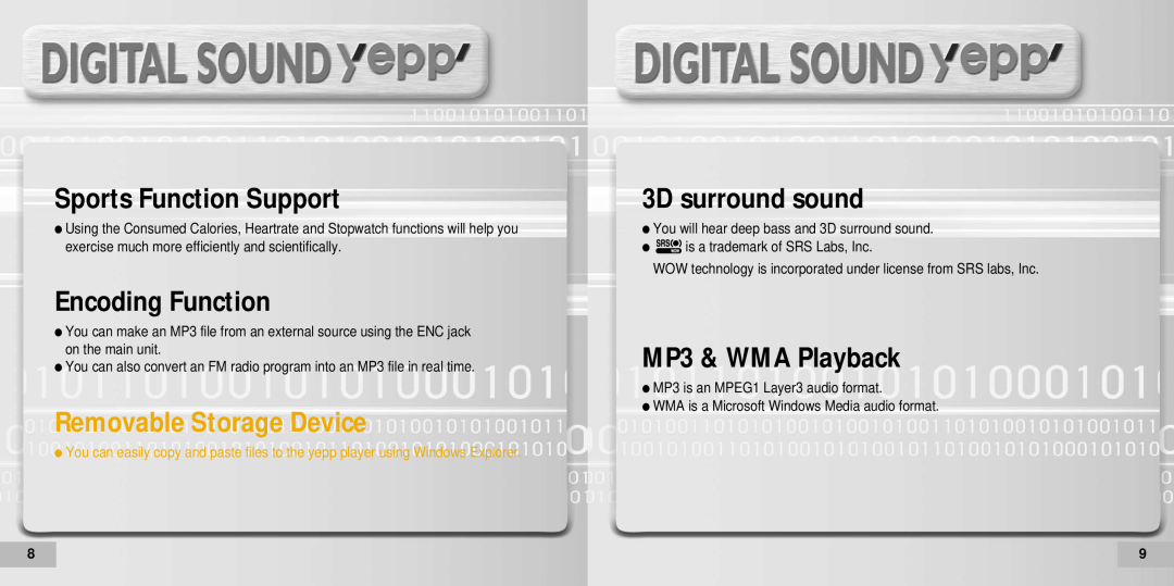 Samsung YP60V2/ELS, YP-60V, YP60V1/ELS Sports Function Support, Encoding Function, 3D surround sound, MP3 & WMA Playback 