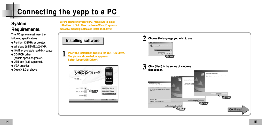 Samsung YP60V2/ELS Connectingthe yepp to a PC, Installing software, System Requirements, The picture shown below appears 