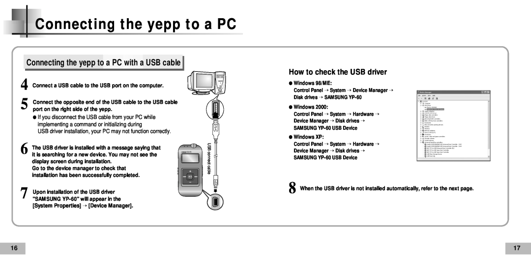 Samsung YP-60V How to check the USB driver, System Properties → Device Manager, Windows 98/ME, SAMSUNG YP-60 USB Device 