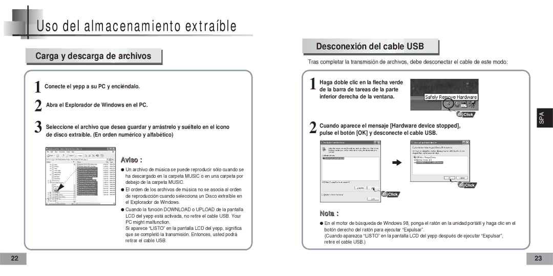 Samsung YP-60V, YP60V2/ELS manual Carga y descarga de archivos, Desconexión del cable USB 