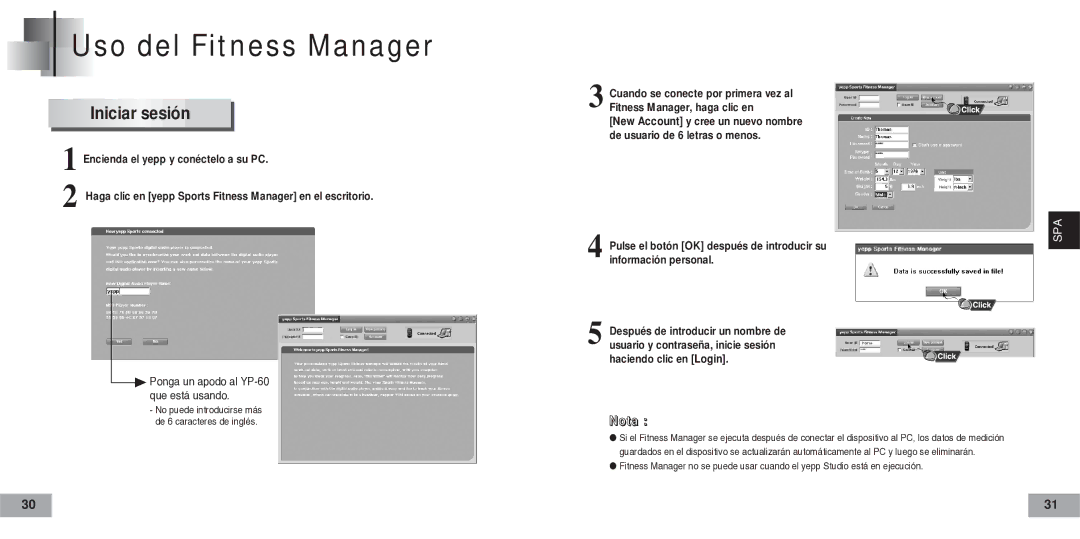 Samsung YP-60V, YP60V2/ELS manual Uso del Fitness Manager, Iniciar sesión 