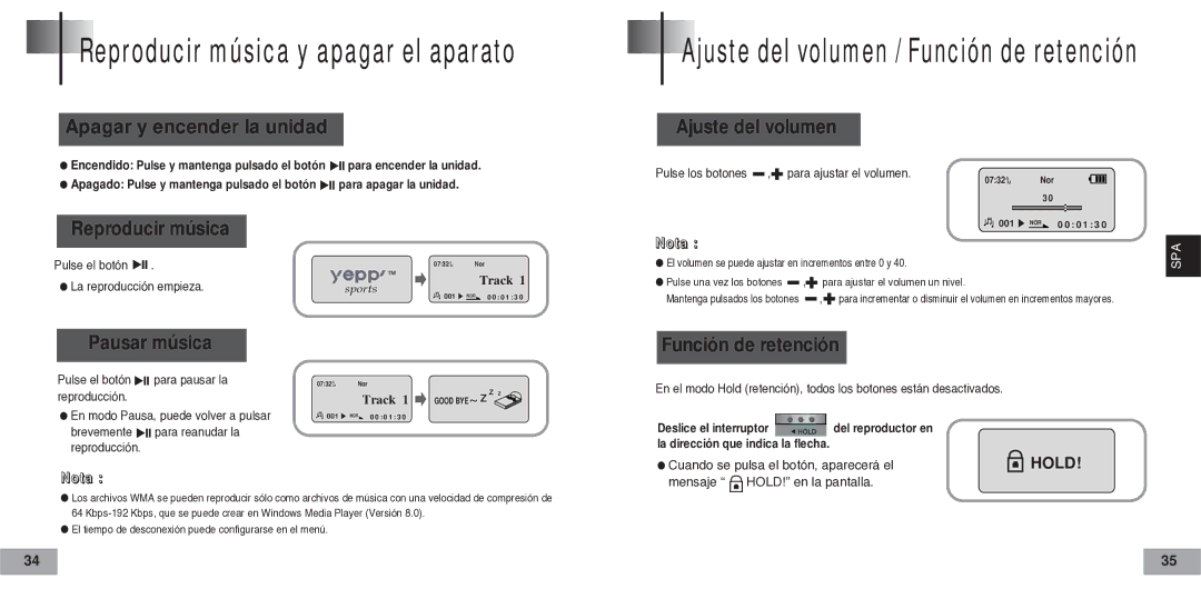 Samsung YP-60V Apagar y encender la unidad, Ajuste del volumen, Reproducir música, Pausar música, Función de retención 