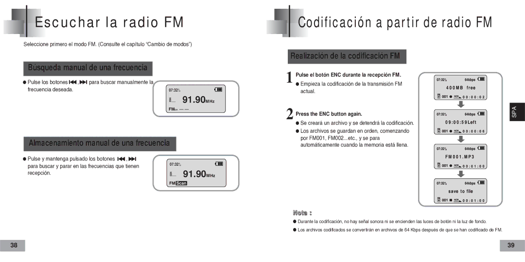 Samsung YP-60V Escuchar la radio FM, Búsqueda manual de una frecuencia, Almacenamiento manual de una frecuencia 