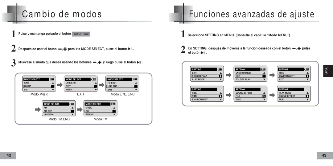 Samsung YP-60V, YP60V2/ELS manual Cambio de modos, Modo Music, Modo FM ENC 