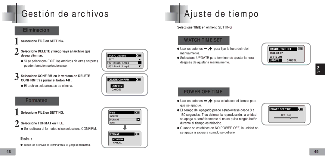 Samsung YP60V2/ELS, YP-60V Gestión de archivos Ajuste de tiempo, Eliminación, Formateo, Seleccione Time en el menú Setting 