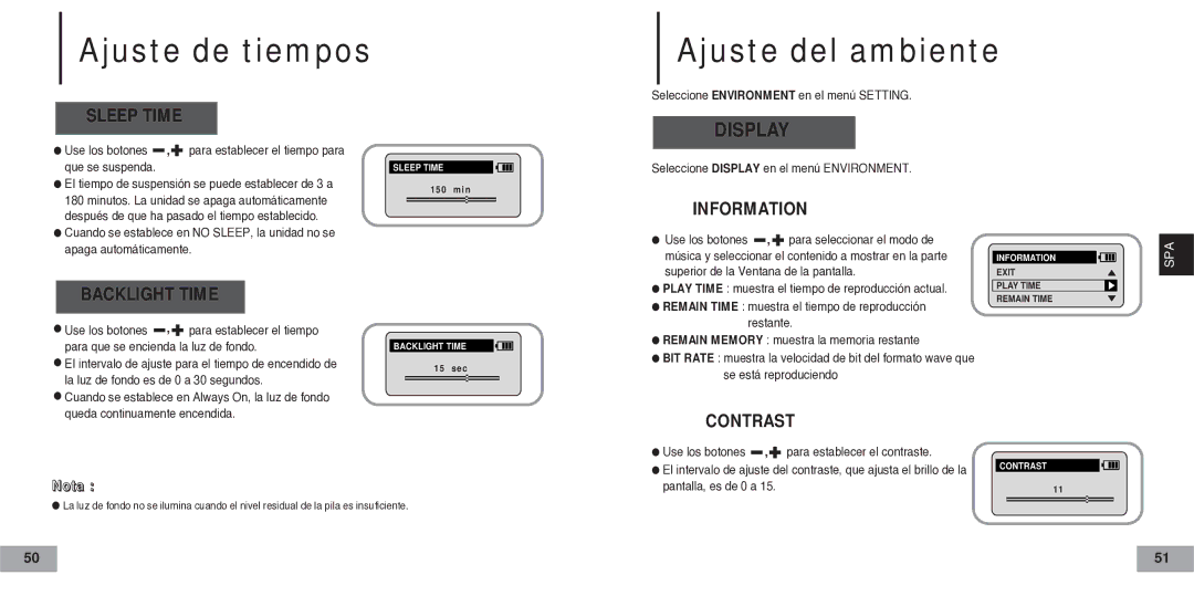 Samsung YP-60V, YP60V2/ELS manual Ajuste de tiempos Ajuste del ambiente 