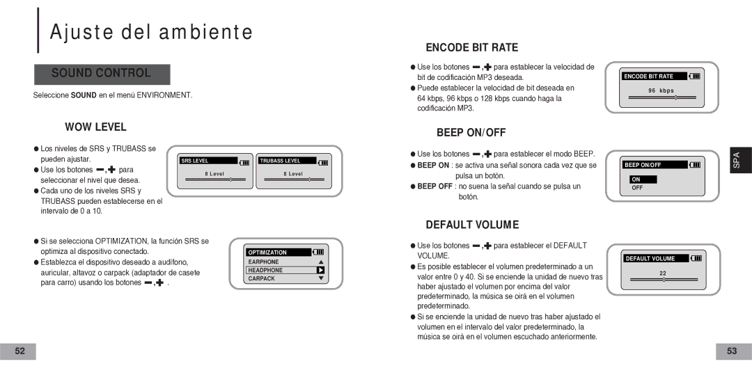 Samsung YP60V2/ELS, YP-60V manual Seleccione Sound en el menú Environment, Los niveles de SRS y Trubass se pueden ajustar 