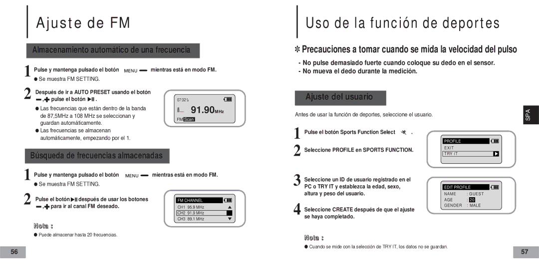 Samsung YP60V2/ELS, YP-60V manual Ajuste de FM, Almacenamiento automático de una frecuencia, Ajuste del usuario 