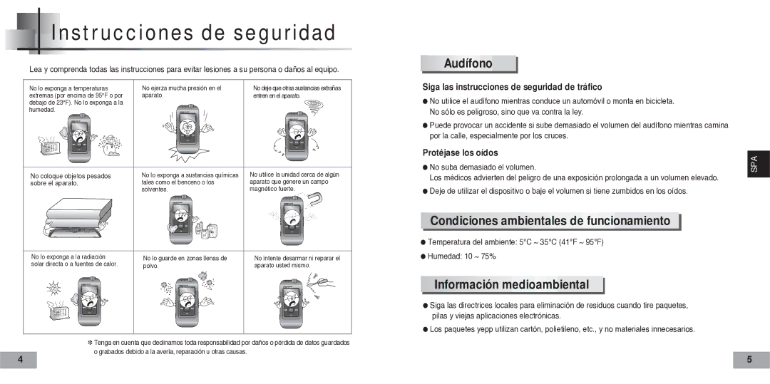 Samsung YP60V2/ELS, YP-60V manual Instrucciones de seguridad, Audífono, Condiciones ambientales de funcionamiento 