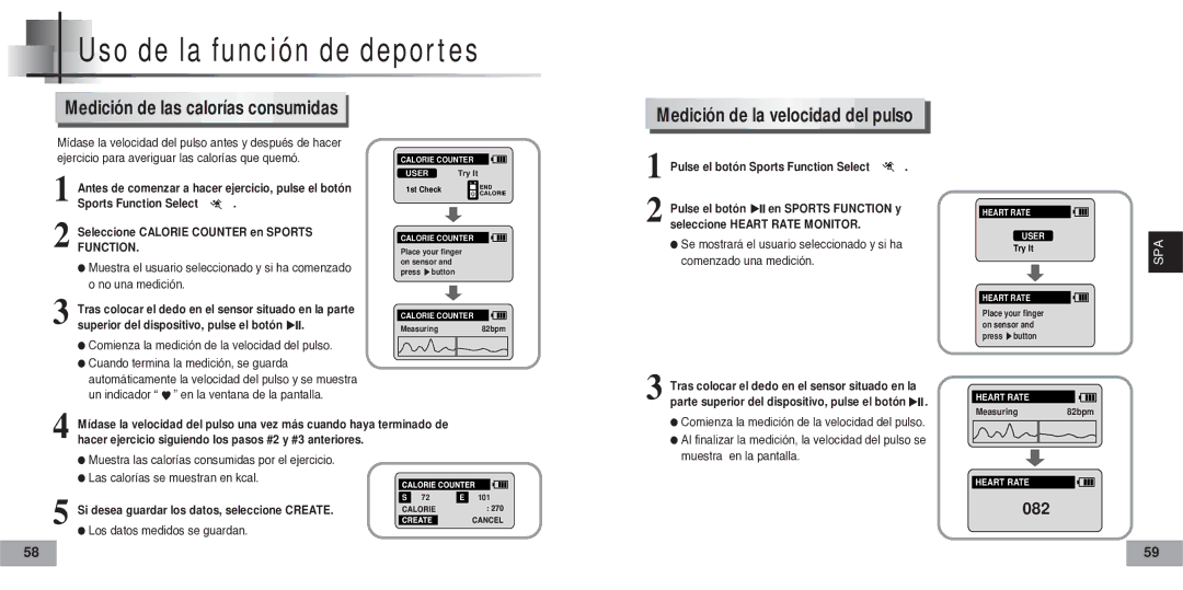 Samsung YP-60V Uso de la función de deportes, Medición de las calorías consumidas, Medición de la velocidad del pulso 