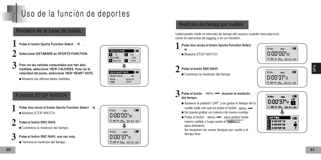 Samsung YP60V2/ELS, YP-60V manual Función Stop Watch, Muestra los últimos datos medidos 