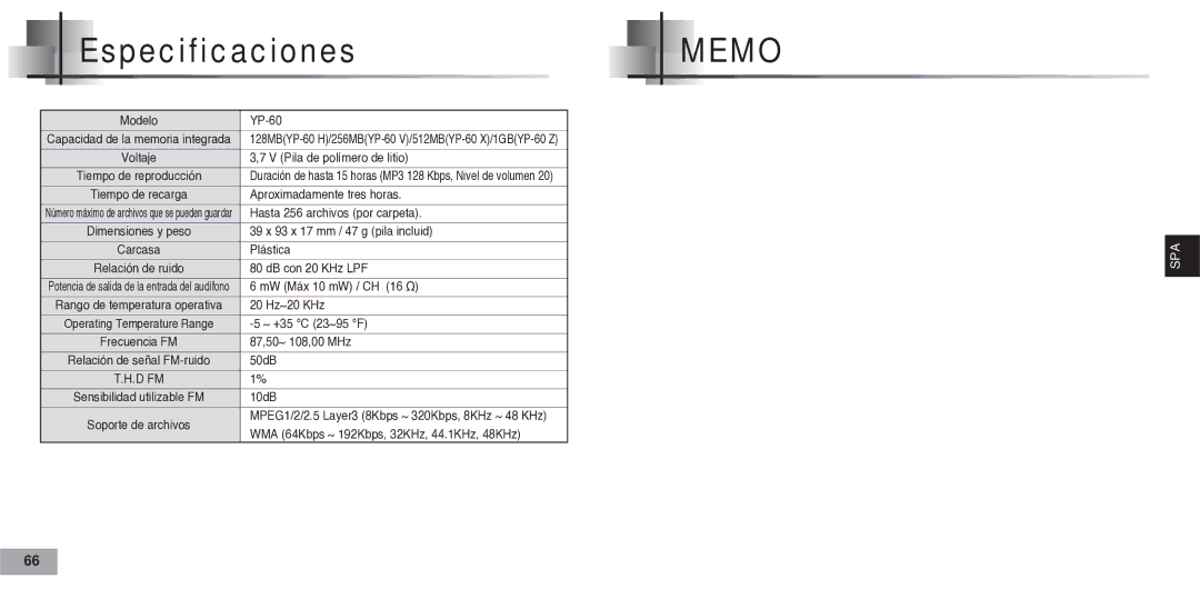 Samsung YP-60V, YP60V2/ELS manual Especificaciones 