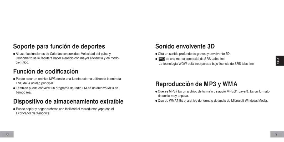 Samsung YP60V2/ELS, YP-60V manual Soporte para función de deportes 