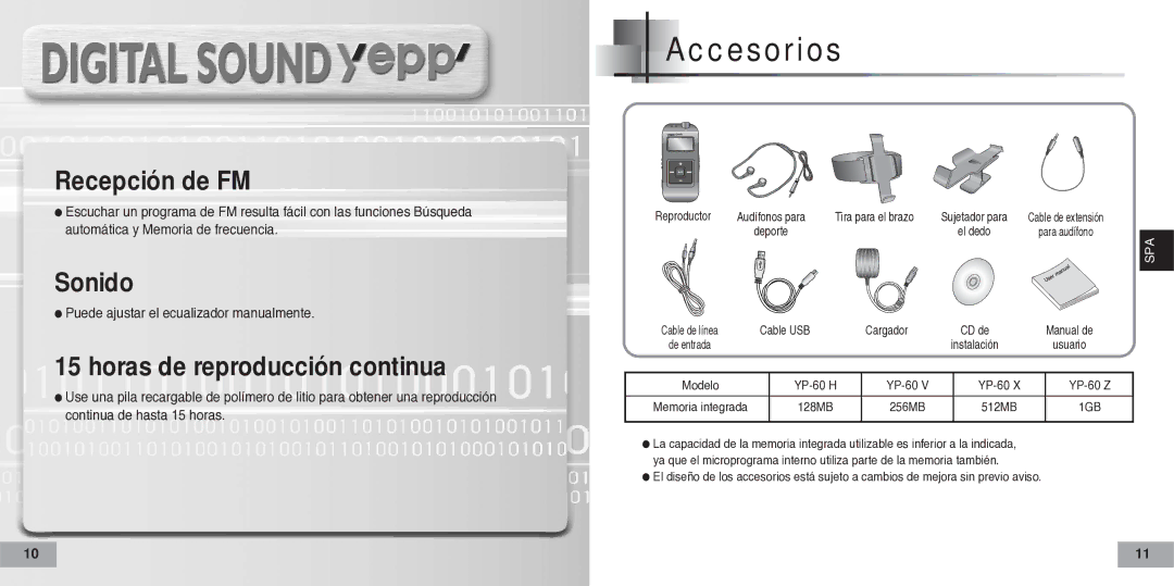 Samsung YP-60V, YP60V2/ELS manual Accesorios 