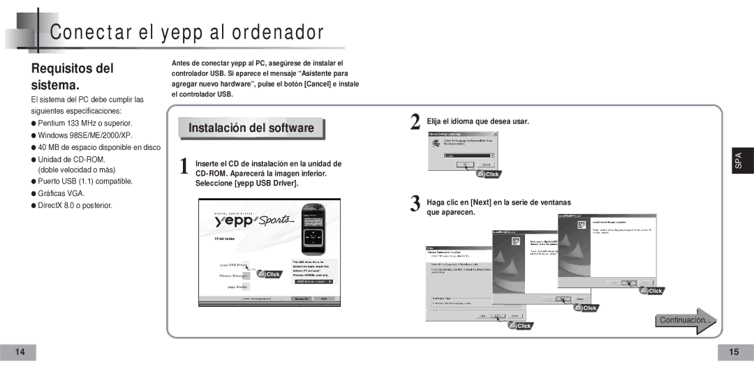 Samsung YP-60V, YP60V2/ELS manual Conectar el yepp al ordenador, Instalación del software, Continuación 