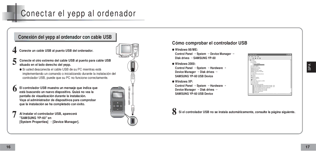 Samsung YP60V2/ELS, YP-60V manual Conexión del yepp al ordenador con cable USB, Cómo comprobar el controlador USB 