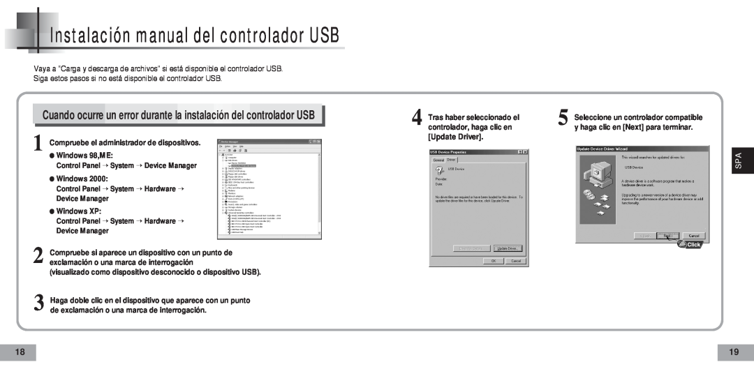Samsung YP-60V Instalación manual del controlador USB, Cuando ocurre un error durante la instalación del controlador USB 