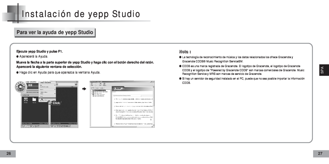 Samsung YP-60V manual Para ver la ayuda de yepp Studio, Instalación de yepp Studio, Nota, Ejecute yepp Studio y pulse F1 
