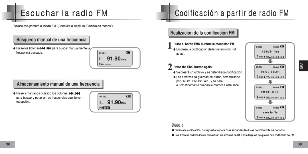 Samsung YP-60V Escuchar la radio FM, Búsqueda manual de una frecuencia, 91.90MHz, Almacenamiento manual de una frecuencia 