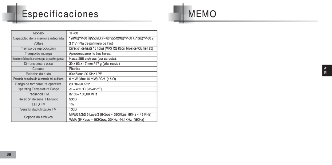 Samsung YP-60V, YP60V2/ELS manual Especificaciones, Memo 