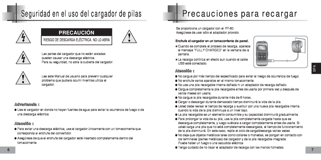 Samsung YP-60V Precauciones para recargar, Seguridad en el uso del cargador de pilas, Advertencia, Atención, Precaución 