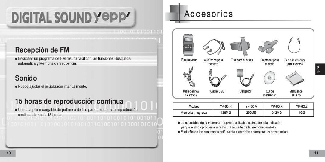 Samsung YP-60V, YP60V2/ELS manual Accesorios, Recepción de FM, Sonido, horas de reproducción continua 