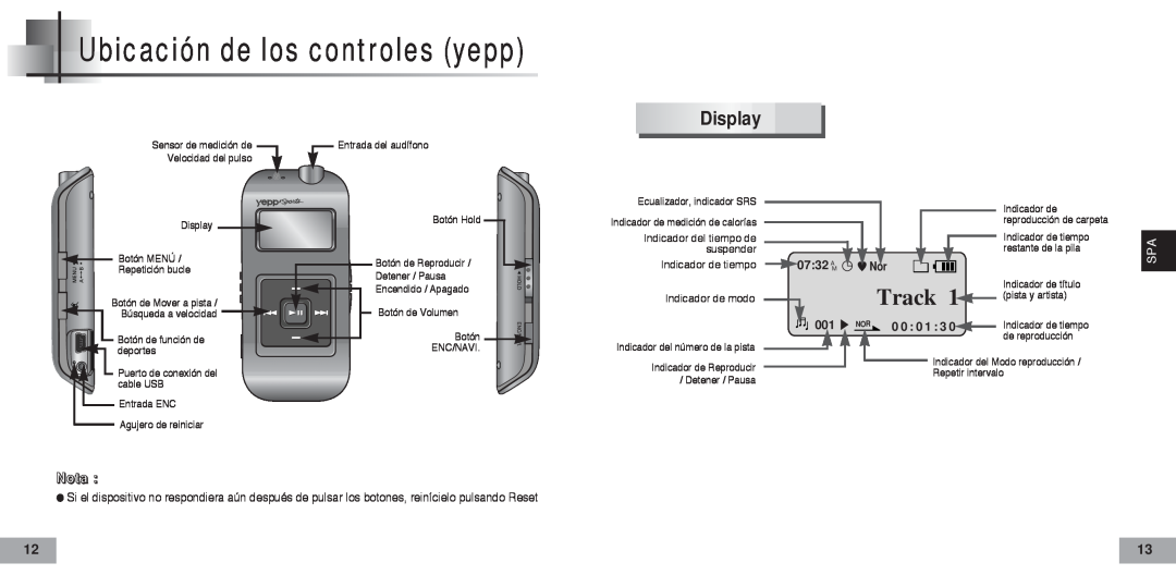 Samsung YP60V2/ELS, YP-60V manual Ubicación de los controles yepp, Display, Nota, Track, 0732, 0 0 0 1 3 