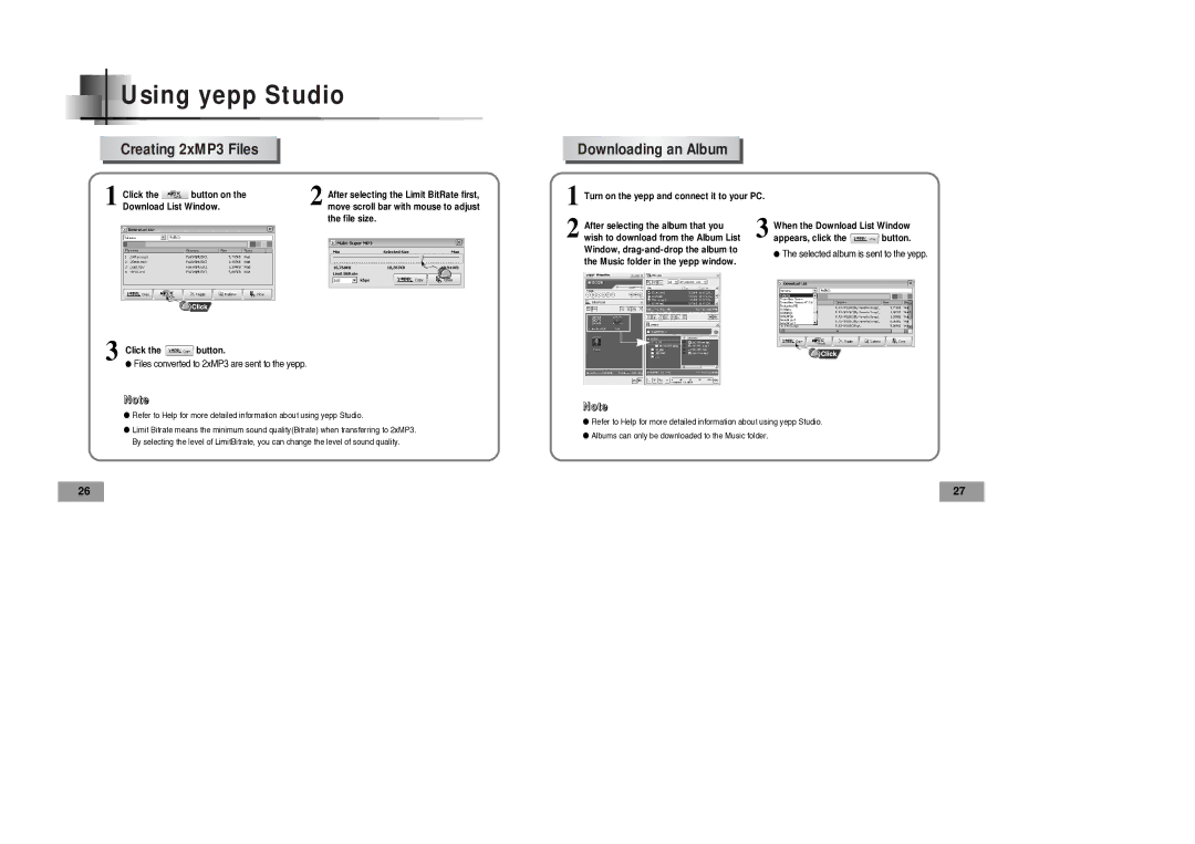 Samsung YP-60V manual Using yepp Studio, Creating 2xMP3 Files Downloading an Album 