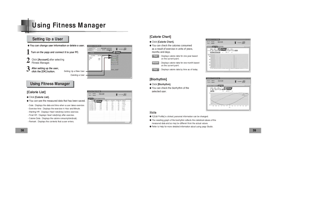 Samsung YP-60V manual Setting Up a User, Using Fitness Manager 