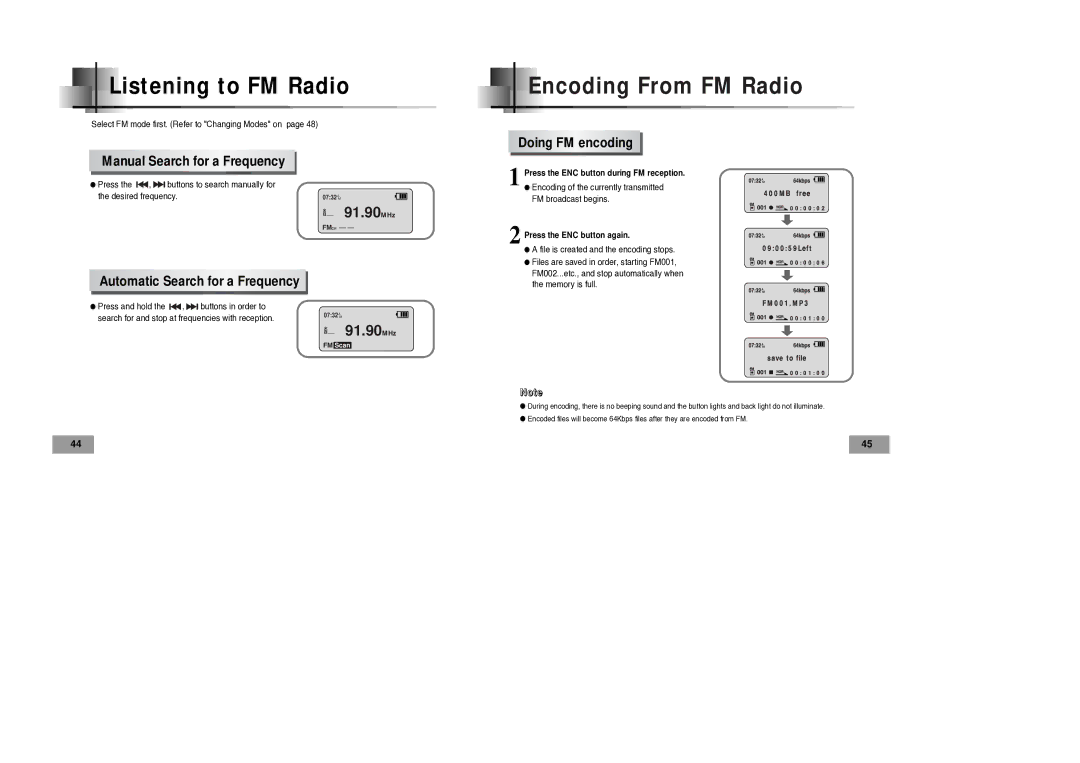 Samsung YP-60V manual Listening to FM Radio, Encoding From FM Radio, Manual Search for a Frequency, Doing FM encoding 