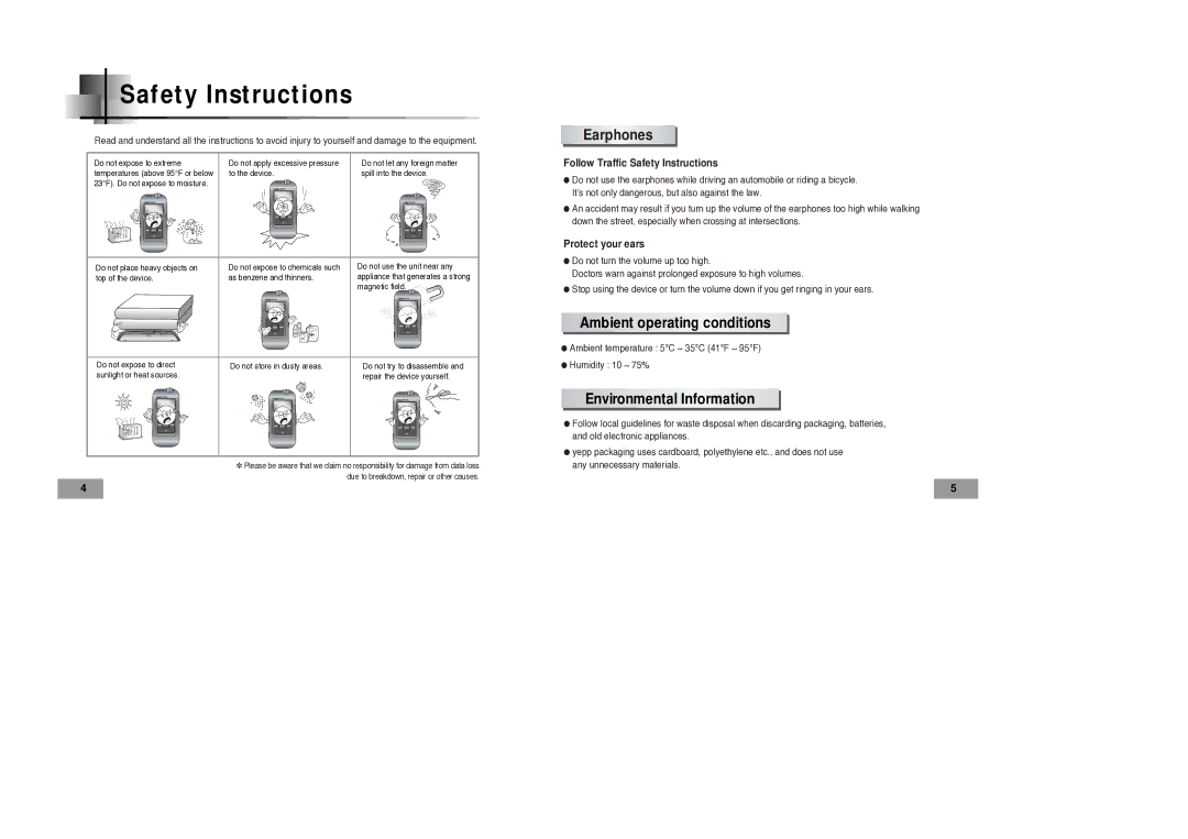 Samsung YP-60V manual Safety Instructions, Earphones, Ambient operating conditions, Environmental Information 