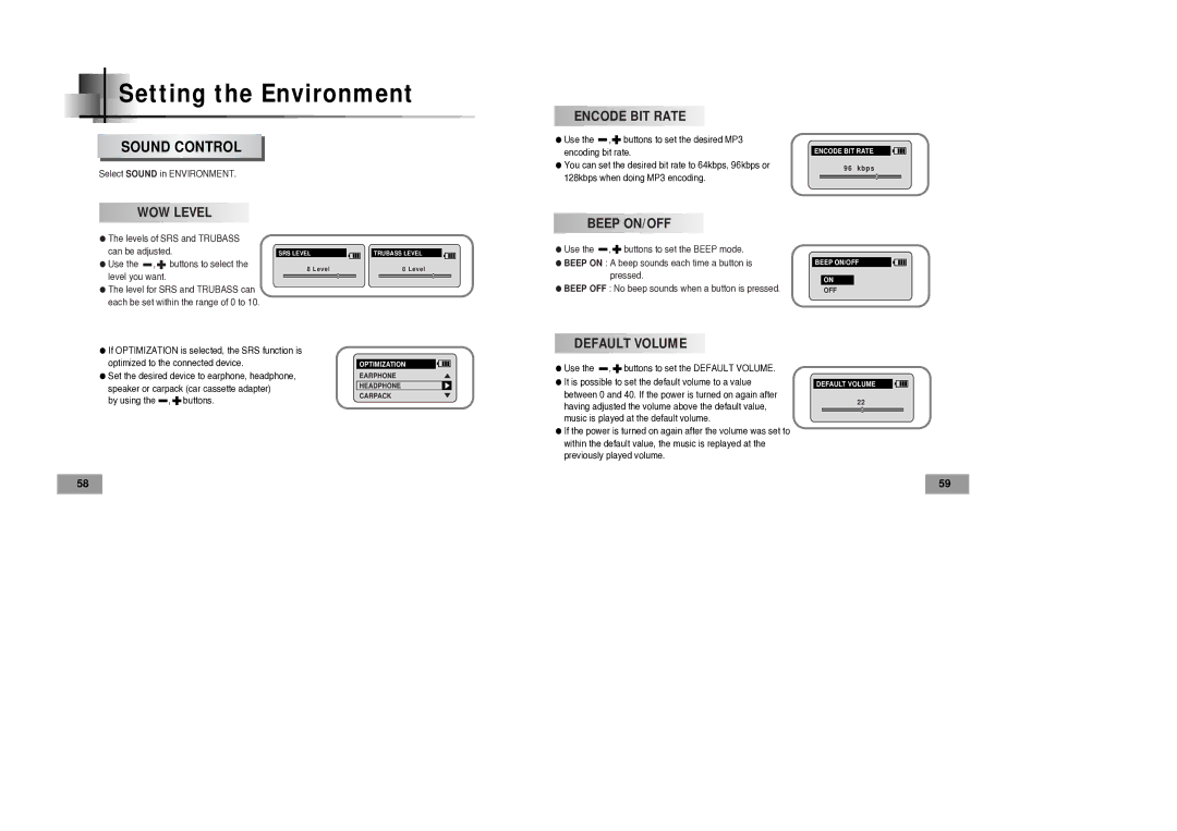 Samsung YP-60V manual Setting the Environment, Sound Control 