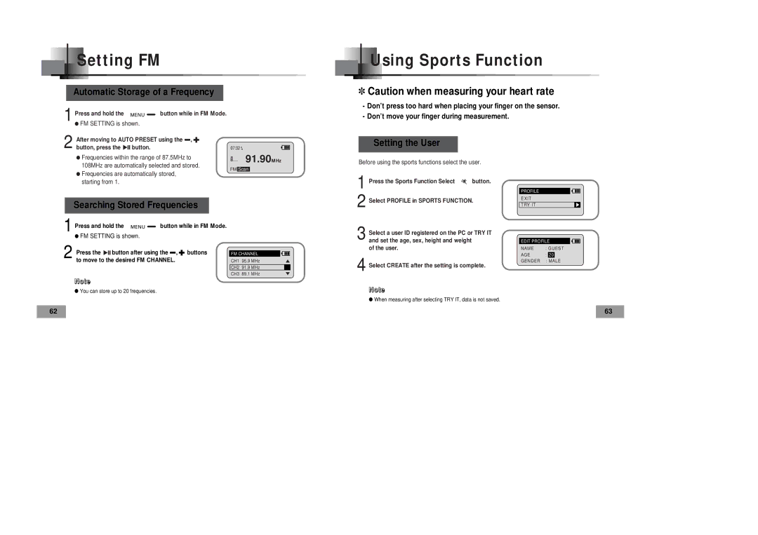 Samsung YP-60V manual Setting FM Using Sports Function, Automatic Storage of a Frequency, Setting the User 