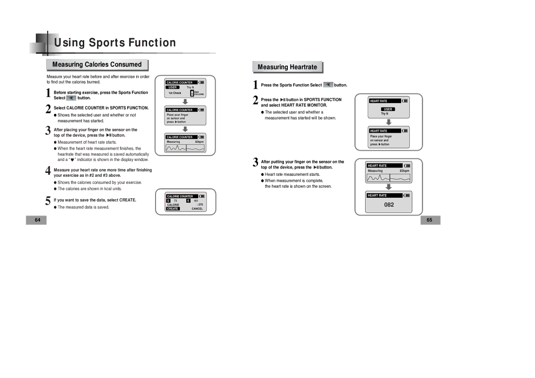 Samsung YP-60V manual Measuring Calories Consumed, Measuring Heartrate 